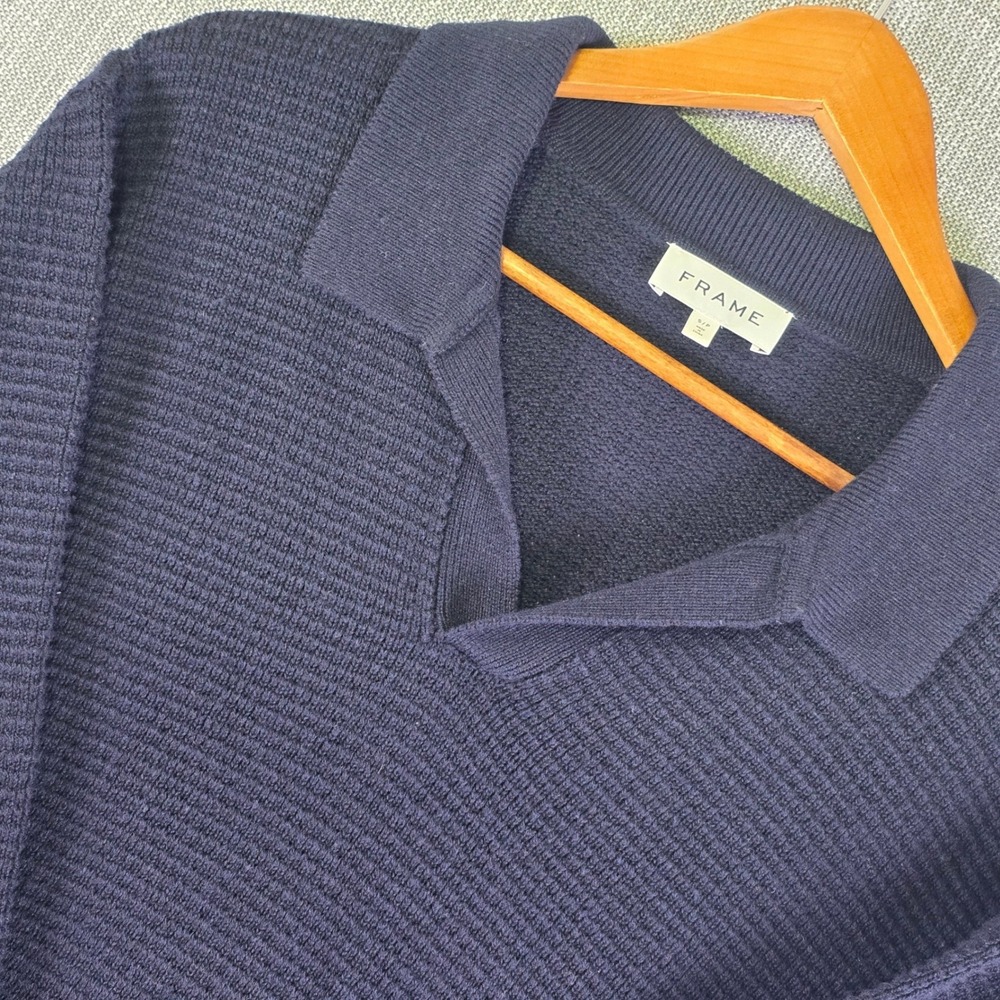 FRAME Polo Sweater Men's Small Navy Blue Waffle Knit Johnny Collar Minimalist S